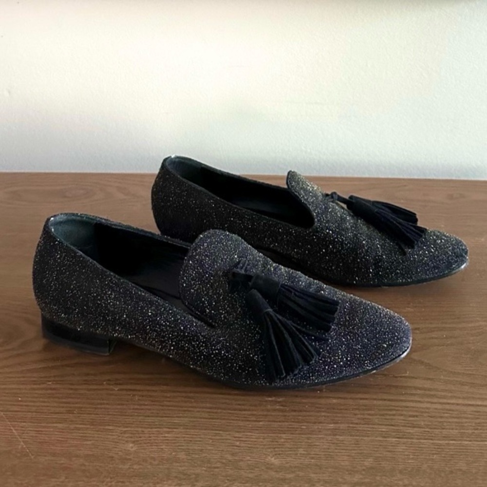 Fratelli Rossetti Black and Gold Glitter Tassel Penny Loafers • Italy • 8.5
